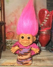 RUSS TROLL in ooak Outfit 4" Pink Hair Long multi color dress and shawl