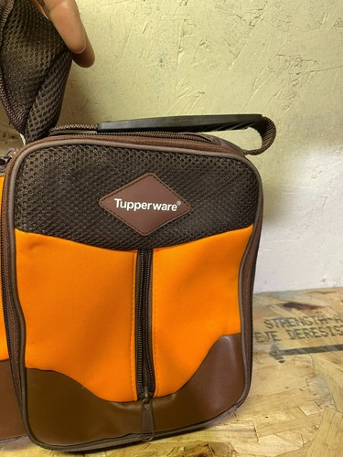 VTG Tupperware Insulated Lunch Bag Brown and Orange Zip Bottle - Picture 3 of 12