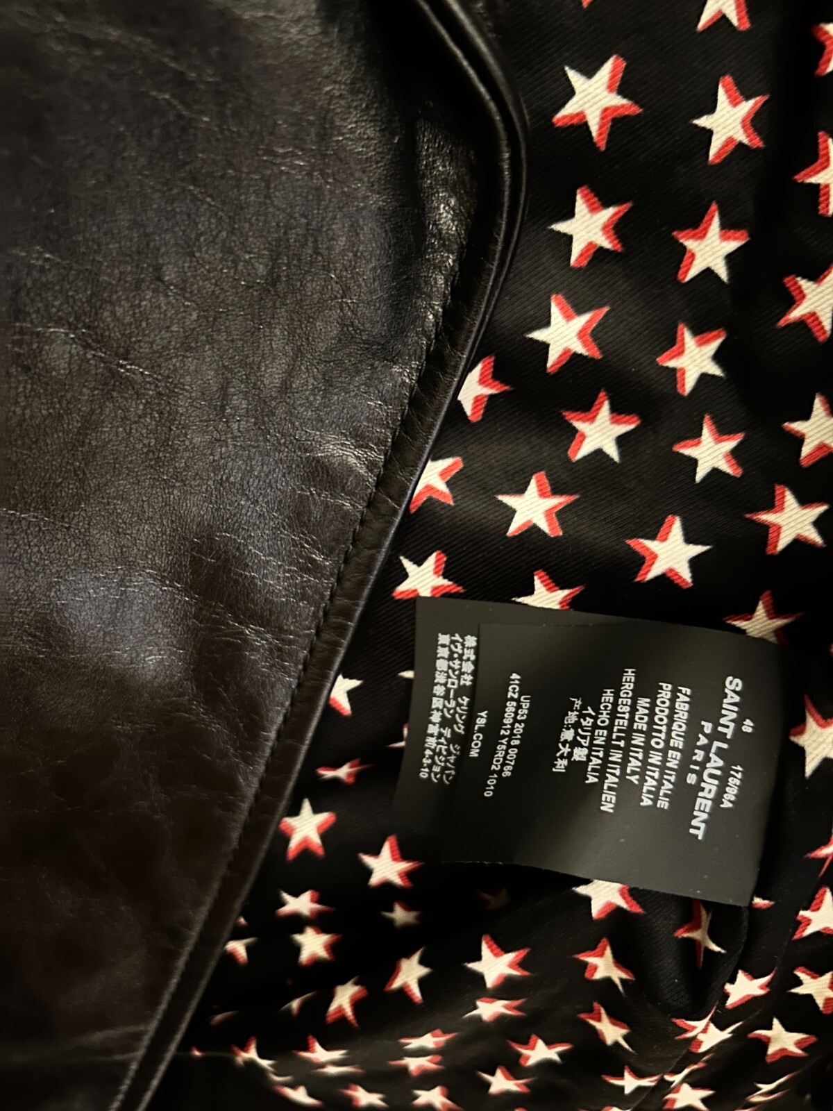Giacca in pelle moto Saint Laurent star biker nera a grana piena taglia IT 48