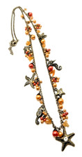 Beach Theme Charm Necklace Starfish Shell Beads Long Bronze Tone 28" to 31"