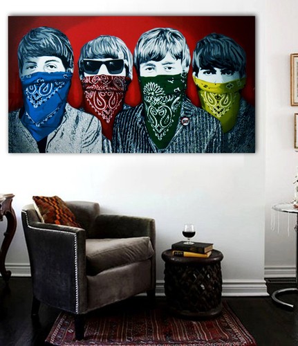 Banksy Beatles - Rare Red Version Street art Canvas 36 x 20 Ready to Hang Canvas - Picture 2 of 5