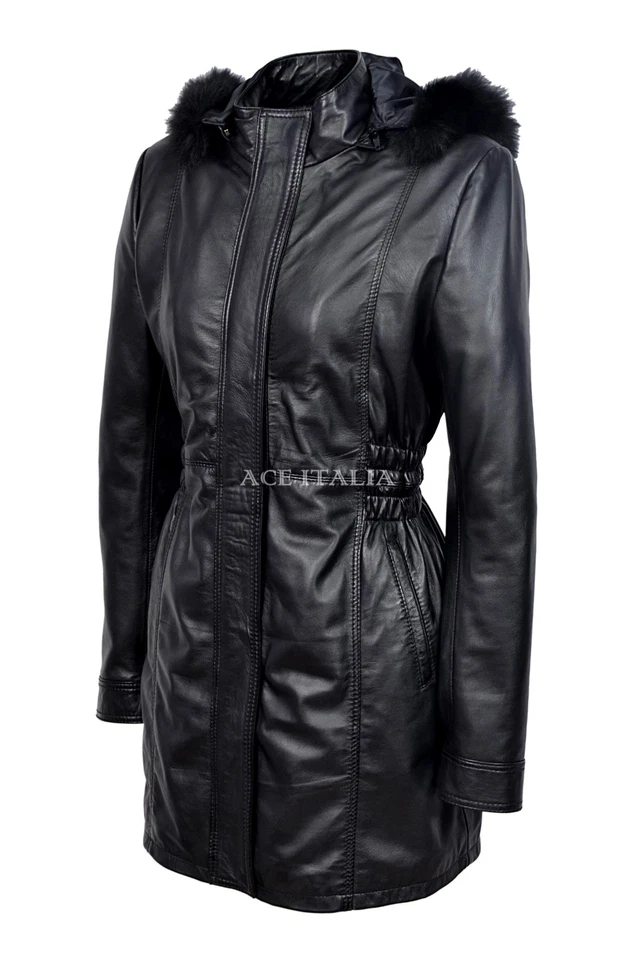 Abrigo Chaqueta SYLVIA Damas Negro Clásico Largo Medio Cuello Piel 100% Cuero Real Foto 3 de 4