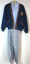 3 pc Boy's Dress Outfit Cotton Shirt Plaid Pants-Suspender Blue Knit Cardigan 7