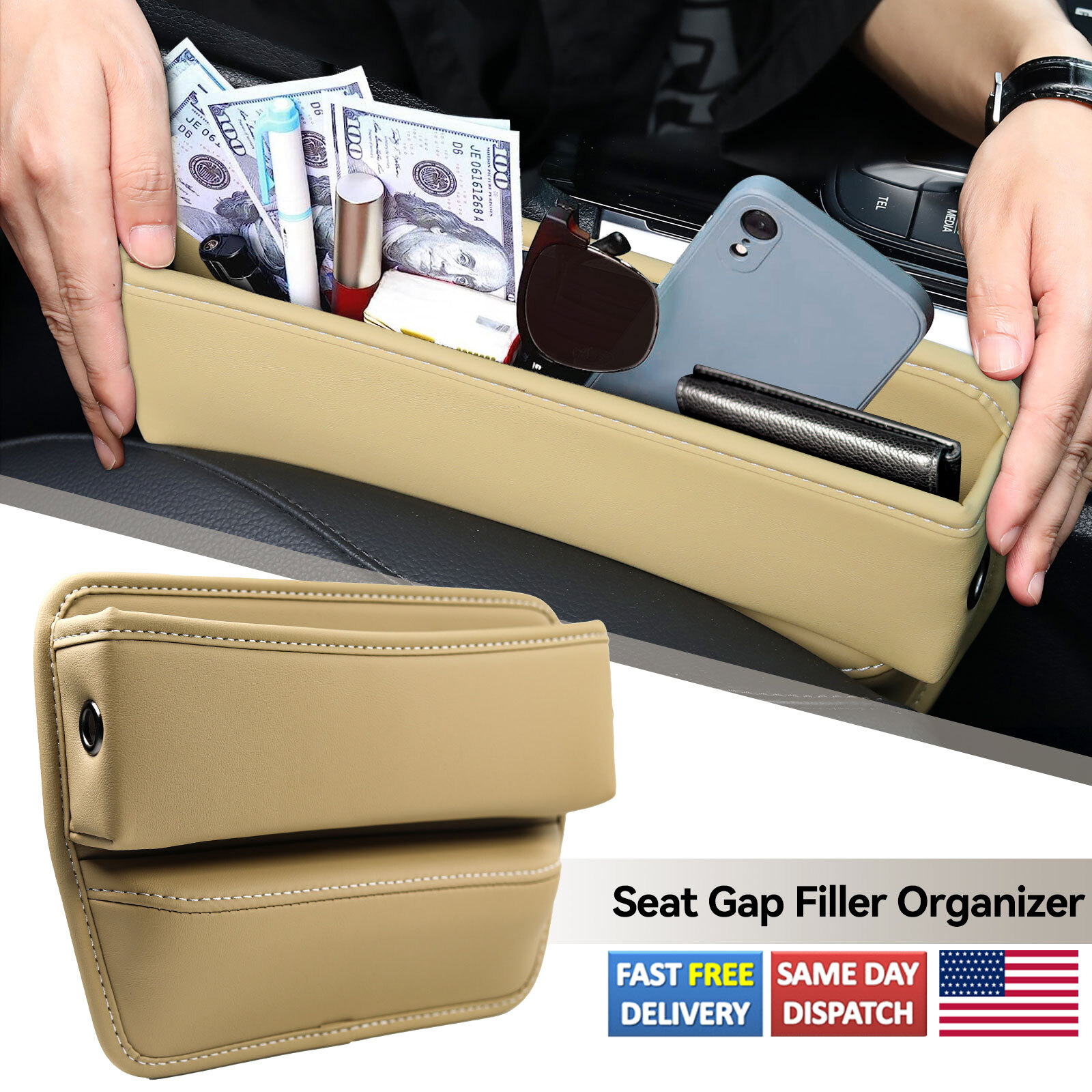 Car Seat Gap Filler Cinch Organiser Leather Sponge Filled Hold Phone Money Keys*