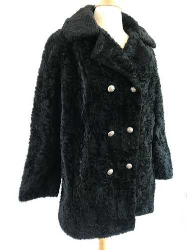 Vintage Faux Fur Coat, Faux Persian Lambswool, Black Double Breasted Car Coat - Picture 5 of 10