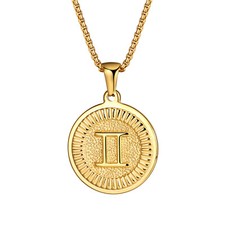 Men's Women 18K Gold Plated Gemini Zodiac Necklace Round Pendant Stainless Steel