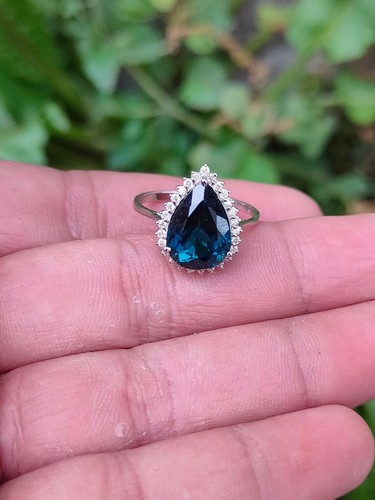 1.25 carats Natural London Blue Topaz and Diamond 14k Solid White Gold Ring