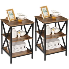 2PCS End Table X Design Storage Display 3-Shelf Side Table for Living Room Brown