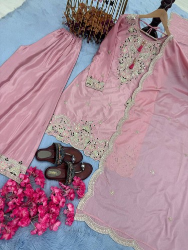 ABITO PALAZZO STILE INDIANO PESANTE CHINNNON SETA CON DUPATTA PER MATRIMONIO - Foto 6 di 10