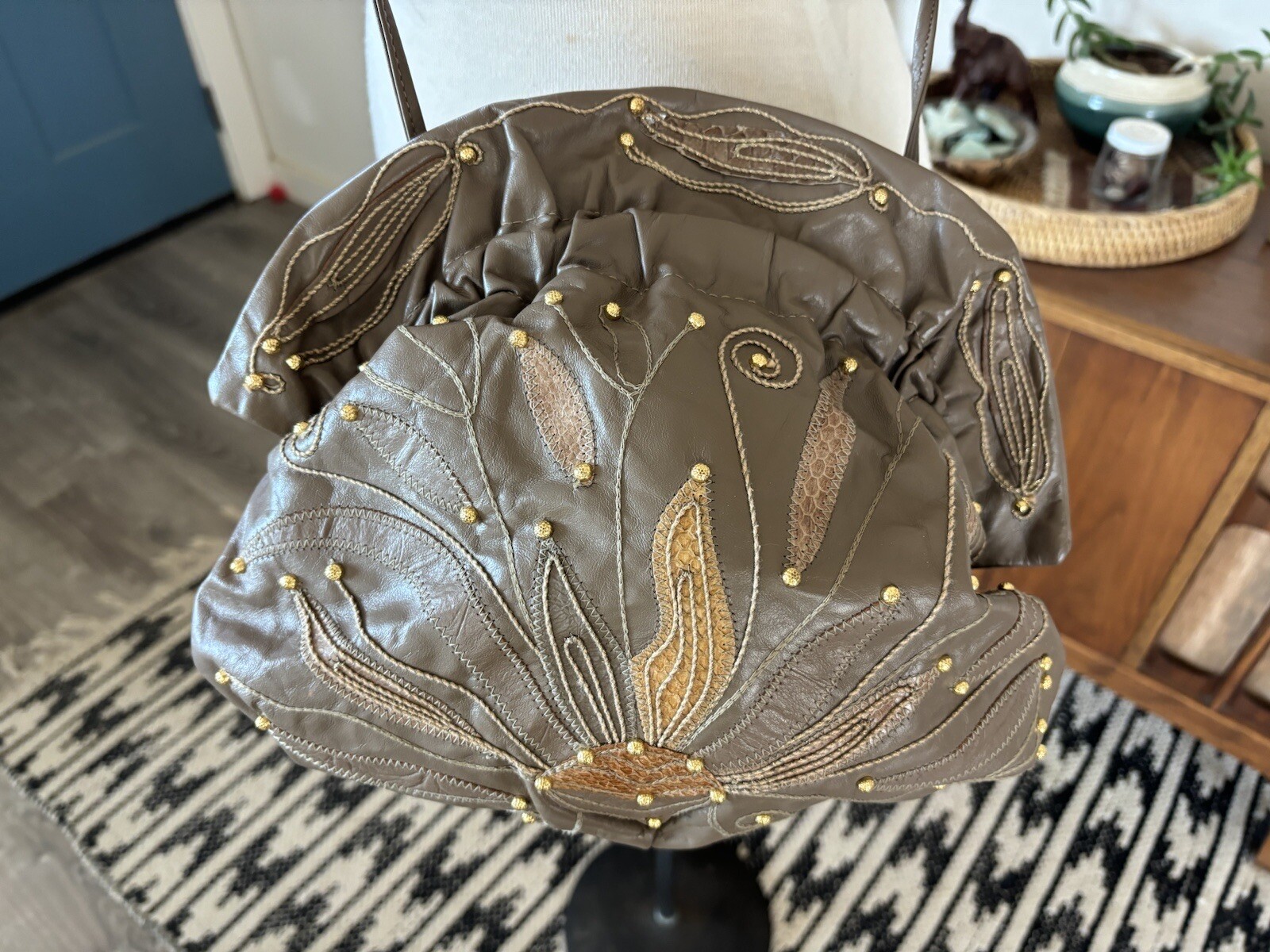 Vintage Leather Studded Clamshell Patchwork Appli… - image 2