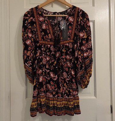 NWT  Rachel Zoe Baby Doll Dress Tunic Black Floral Sz S Bohemian Flowy Ruffle