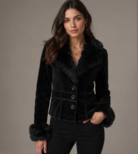 Vintage Black Velvet Jacket Real Fur Collar Sz S Button Front Coat Y2K Old Money