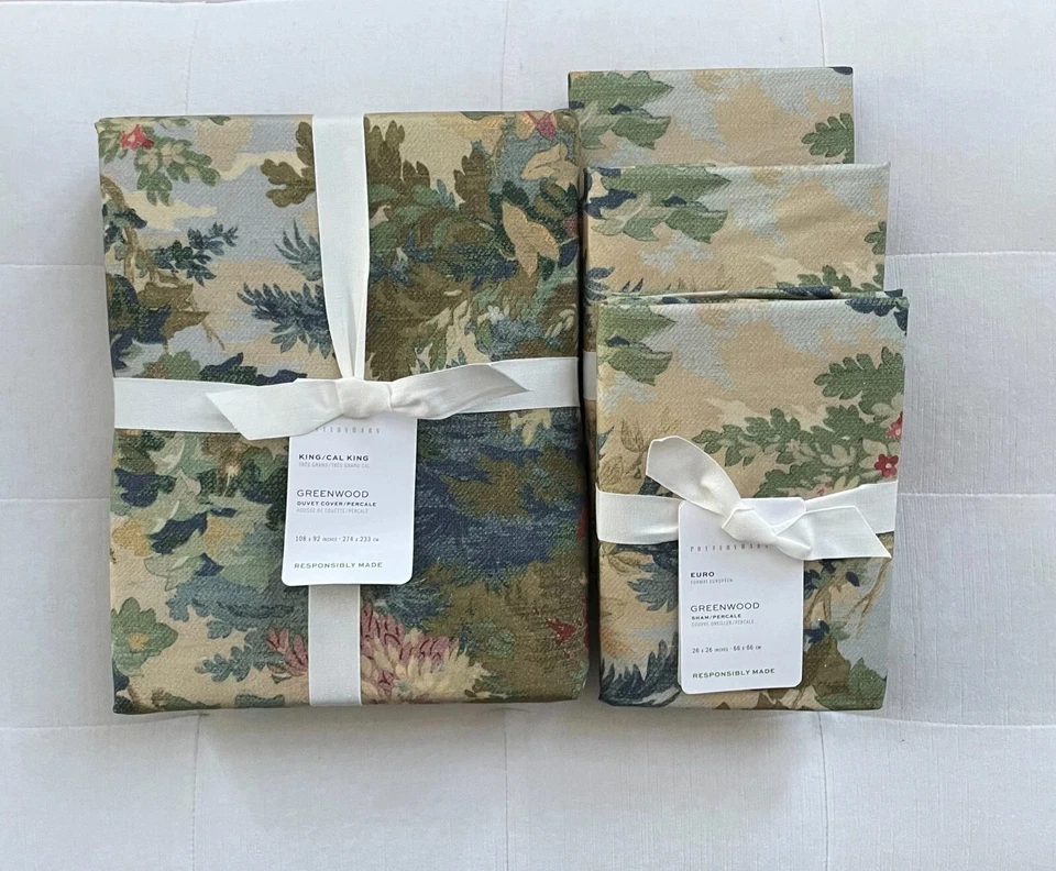 Edredom Pottery Barn GREENWOOD Percale King/Cal King e 3 Euro Shams multicolorido novo com etiquetas - Imagem 2 de 3
