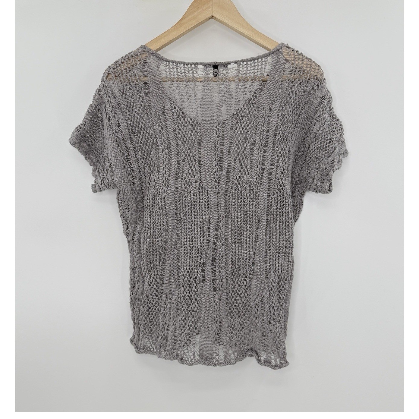 EILEEN FISHER Sweater Linen Metallic Cotton Open Knit Gray Sz M Preppy See Photo