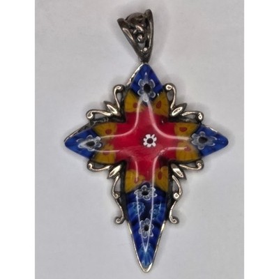 Alan K Murano Glass Millefiori Cross Pendant Sterling Silver 925 Red Blue Yellow