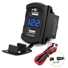12V Rocker Switch Style Dual USB Charger with LED Dual USB Voltmeter Blue