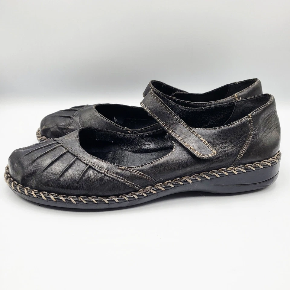 Rieker Mary Jane Cuero Negro Plisado Puntera Vamp Trenzado Suela de Goma Borde Talla 41 Foto 4 de 4