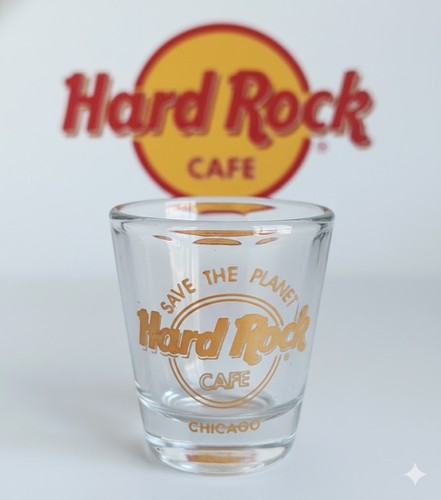 Hard Rock Cafe Chicago Schnapsglas "Save The Planet" Gold Logo Sammlerstück - Bild 1 von 3