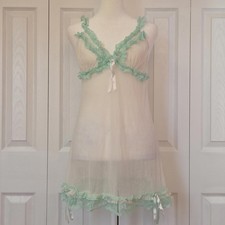 Coquette Y2K Sheer White Mesh Babydoll Slip Dress with Mint Green Ruffle Lace