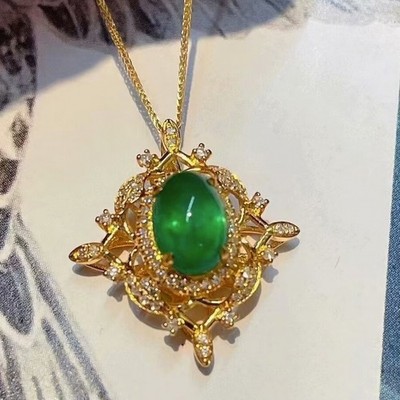 18K Gold 1.1CT Natural Emerald Diamond Necklace   Elegant Pendant No Chain