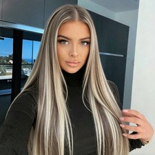 Ash Brown and Blonde Highlights Long Straight Lace Front Wig Glueless Lace Wig