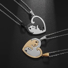 2 Piece Gold Silver Cat Matching Necklace Couple Cute Pendant Love BFF, Gift