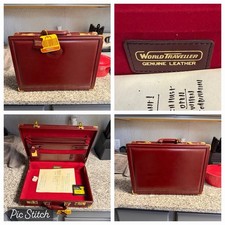 Vtg WORLD TRAVELLER Brown Leather Briefcase New Condition Combo Lock Red Velvet