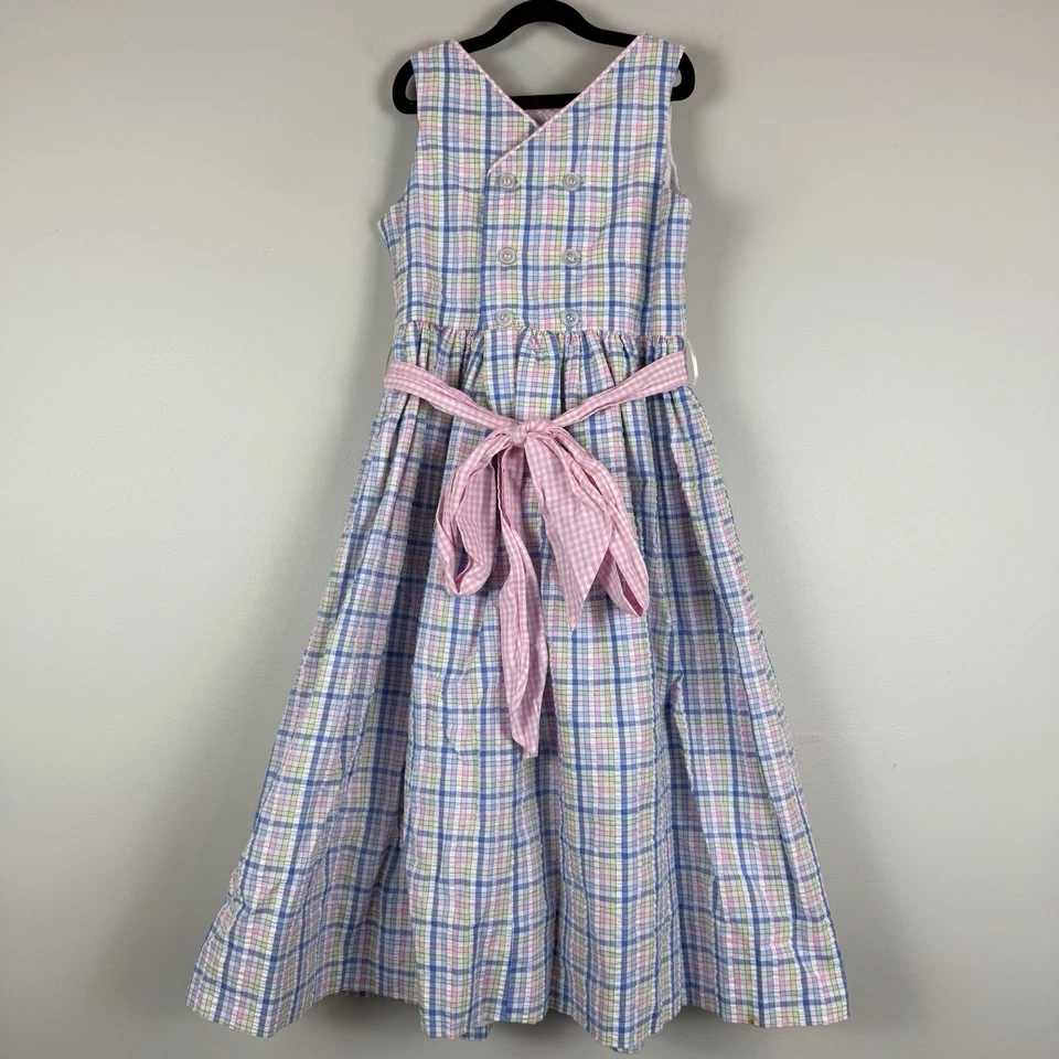 Bailey 男孩 格子 Jackie 连衣裙 女孩 尺寸 蓝色 紫色格子 无袖 领带 — 第 3/4 张图片