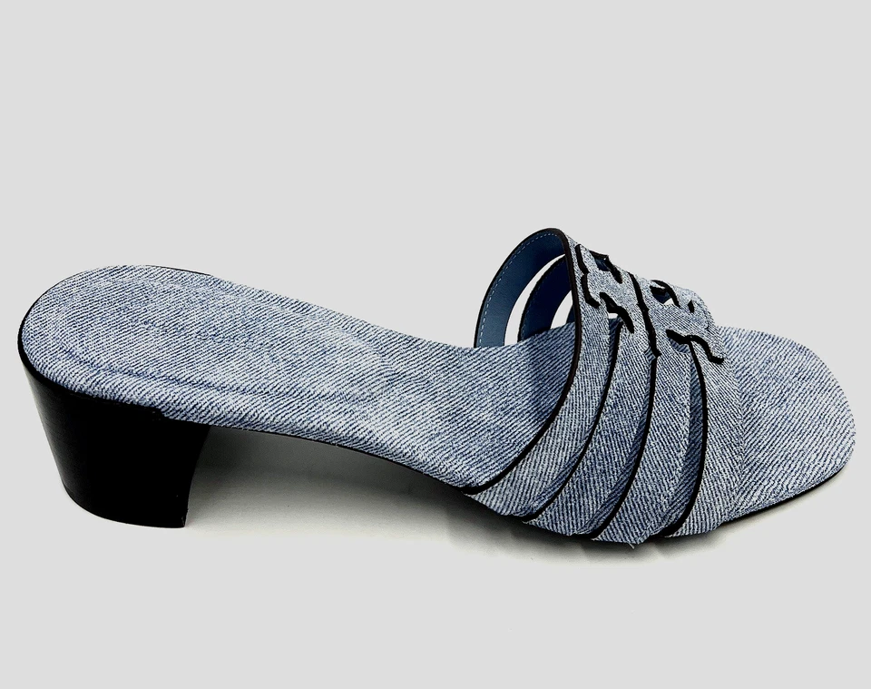 Sandalia Tory Burch Ines Tacón Mula 55MM Denim Gamuza Azul Nube Talla EE. UU. 9 NUEVA EN CAJA Foto 4 de 4