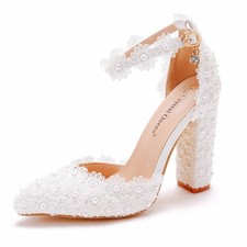 Crystal Queen 4.15 inches Block Heel Sandals White Lace Wedding Pump Shoes...