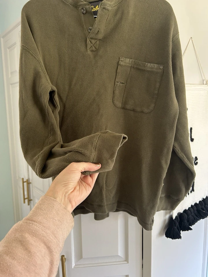 Cabelas Men’s Thick Pullover Henley Shirt Long Sleeve Olive Green Large WARM  - Image 2 of 4