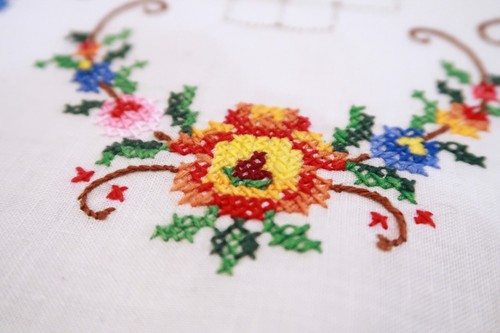 VINTAGE LARGE CROSS STITCH TABLECLOTH 196.5cm x 168cm - Foto 9 di 9