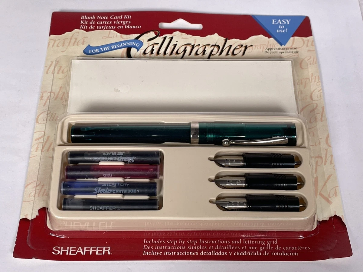 VINTAGE SHEAFFER CALLIGRAPHY SET - w FOUNTAIN PEN, 3 NIBS, 4 COLORS, CARDS  & ENV