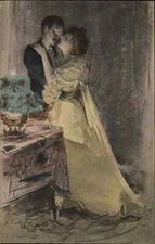 A/S Callet Beautiful Woman Blindfolds Man Kissing Romance c1910 Postcard