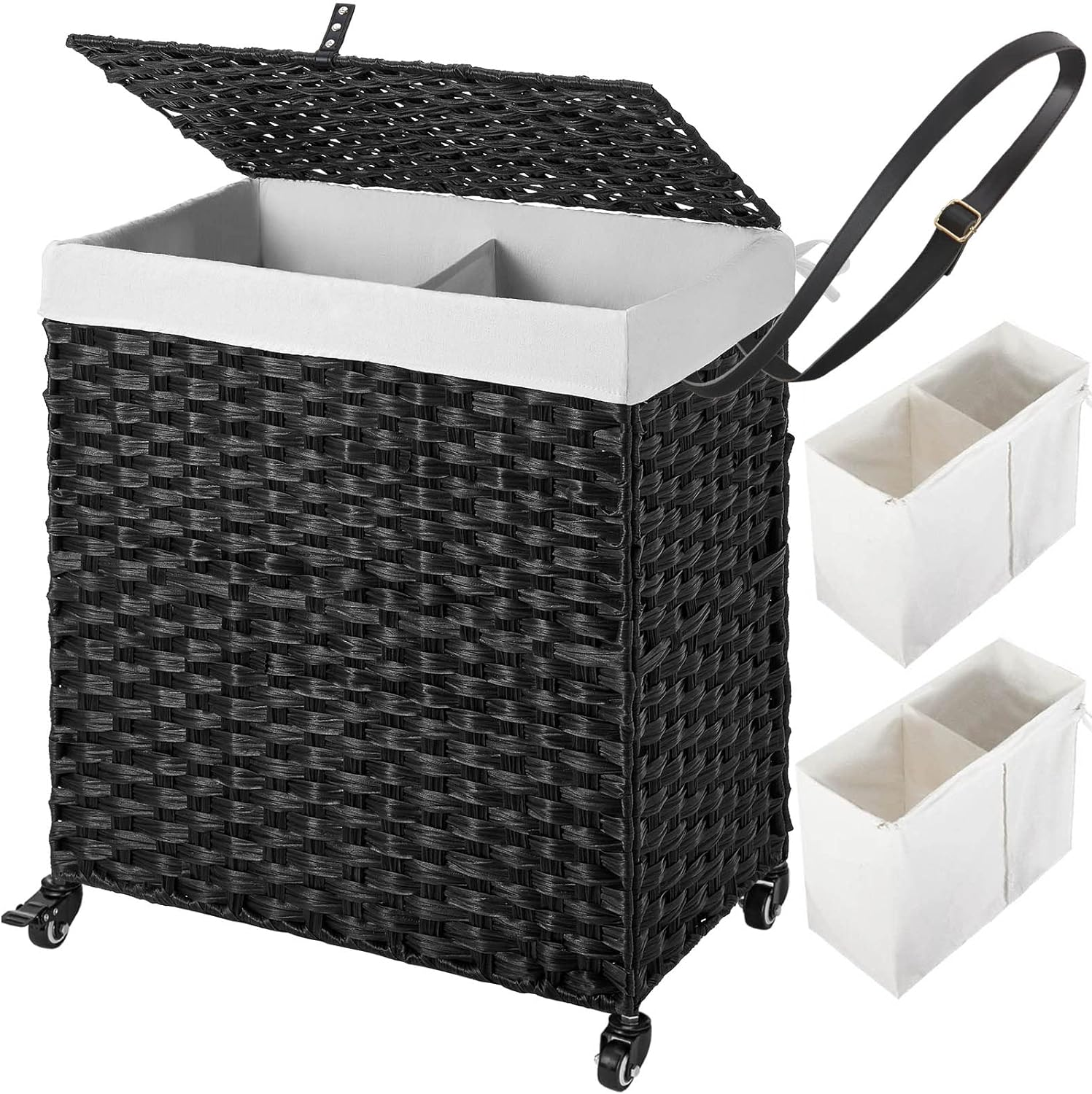 No-Install Laundry Hamper with Wheels, 110L Divided Handwoven Design-image
