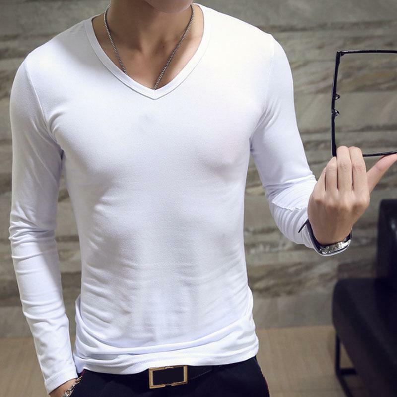 Autumn Mens Slim Fit V Neck Long Sleeve Muscle Tee T-shirt Casual Tops ...