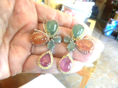 925 Sterling Silber Ohrringe roter Rubin, Saphir, Aventurin & Smaragd 2 Zoll