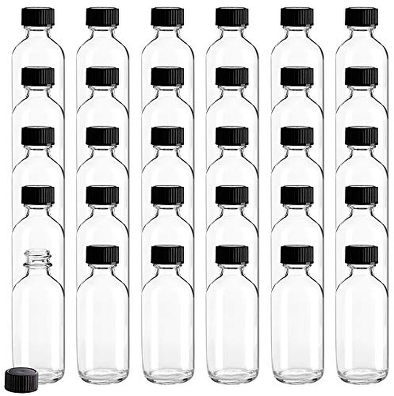 30 Pack 2 Oz Small Clear Glass Bottles, Boston round Sample Bottles with Black P