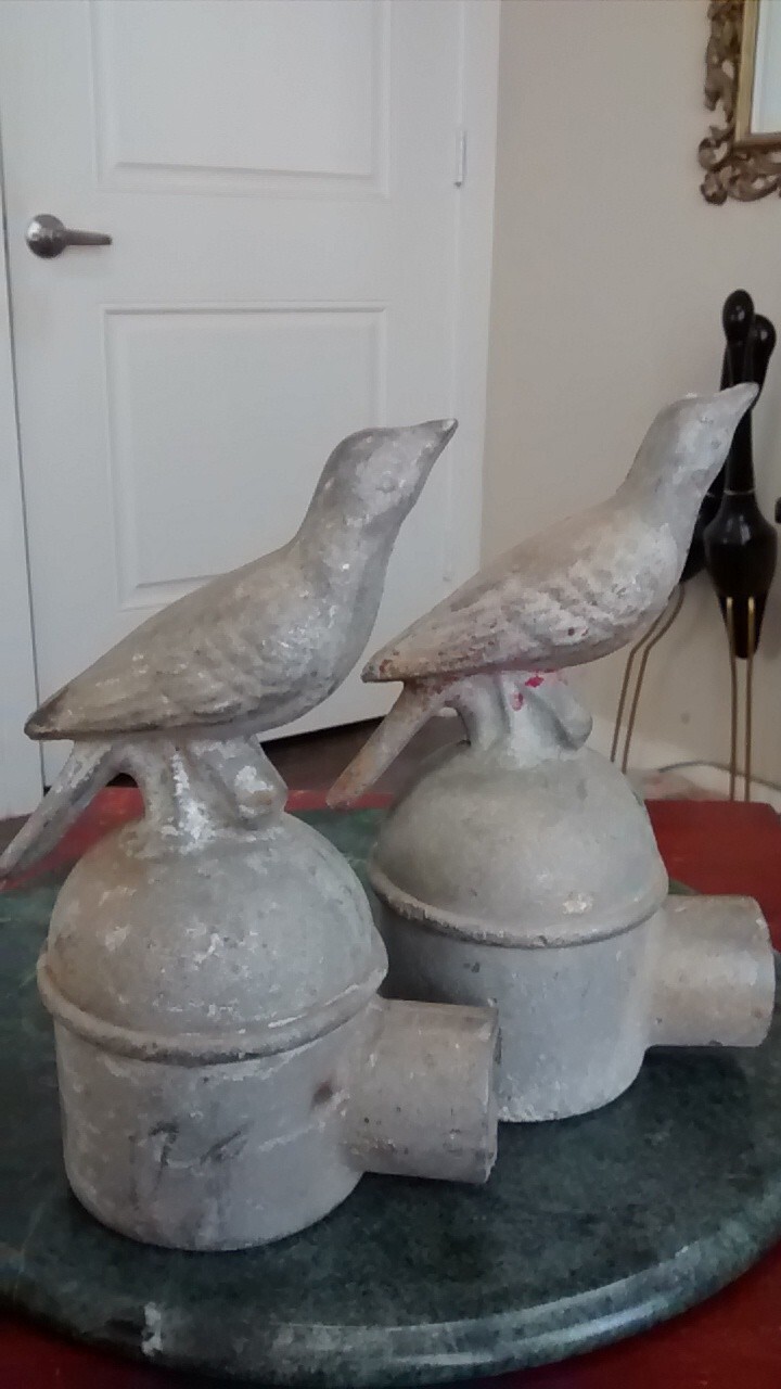 SUPER RARE! (x2) Vtg 30s/40s Finial BIRDS Metal Chain Link Fence Post