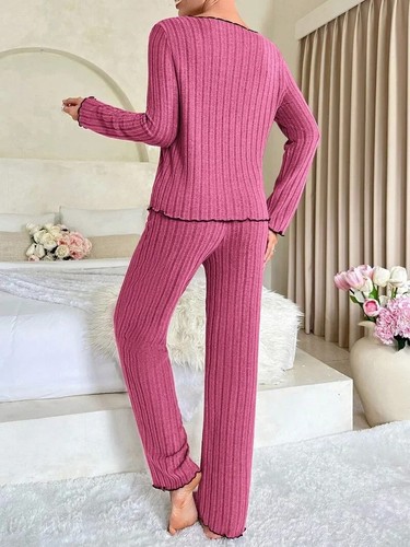Sleepwear Ribbed Pajamas Set Long Sleeve Top and Long Pants 2 Piece Set Casual - Picture 13 of 28