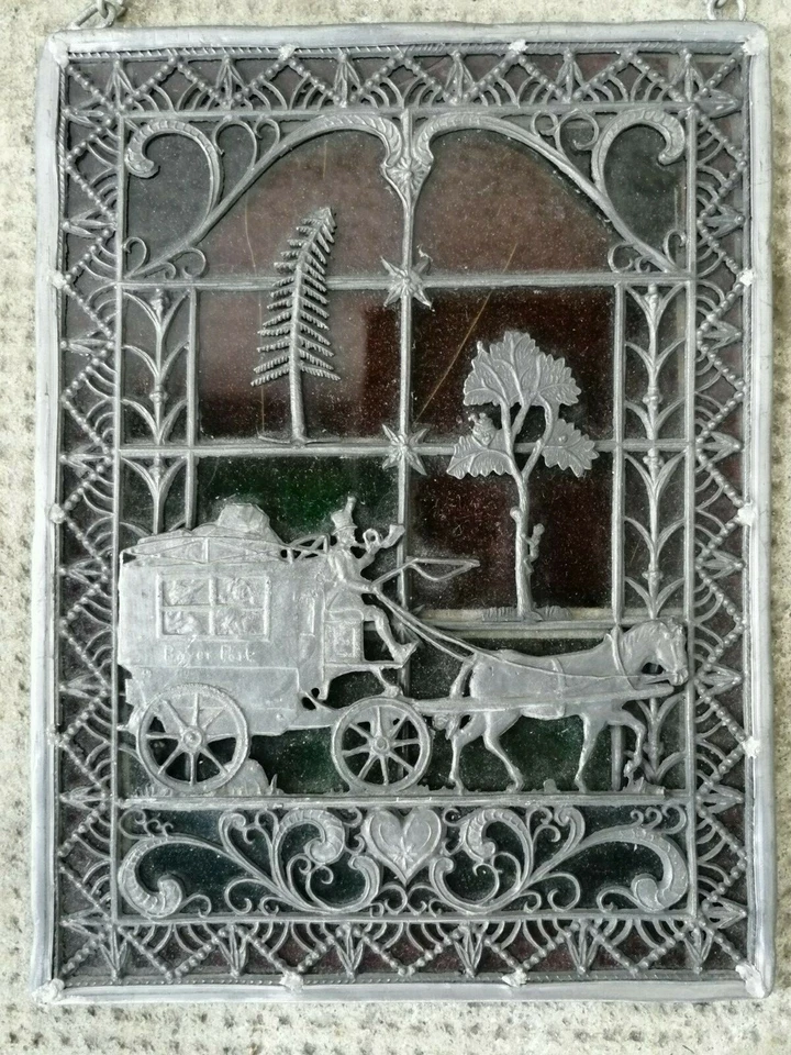 Ancien vitrail calèche diligence suisse bayer post switzerland stained glass  - Photo 4/4