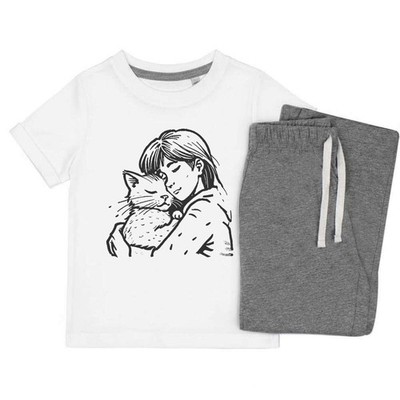 Kinder Nachtwäsche-/Pyjama-Set ''Katze kuschelt mit ihrem Besitzer'' (KP046007)