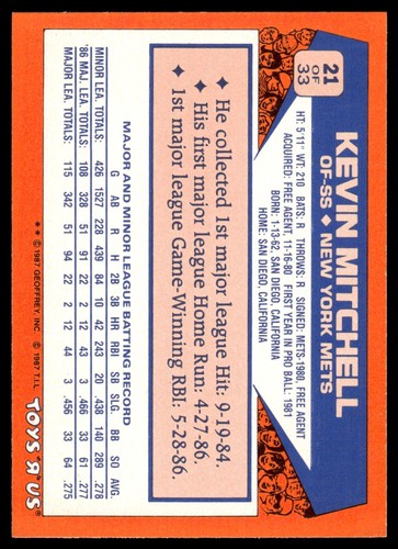 1987 Topps Toys'R'Us Rookies Kevin Mitchell New York Mets #21 - Picture 2 of 2
