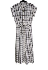 CALVIN KLEIN Womens Gauze Windowpane Midi Dress Belted Short Sleeve Size 10 New