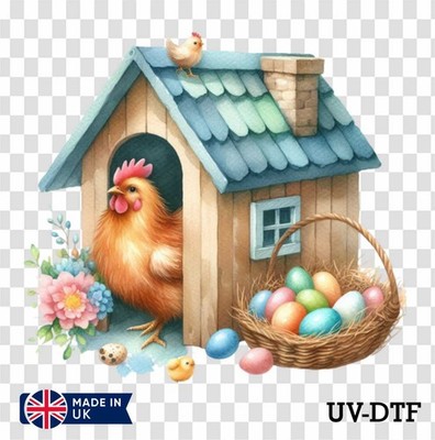 Ostern Hühnerhaus UV DTF Aufkleber - Glas Laptop Becher Tasse kq206