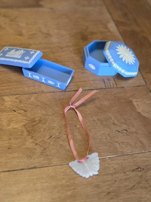 Vintage Blue Jasperware Style Trinket Box Lot Wedgwood Style Jewelry Vanity Boxe