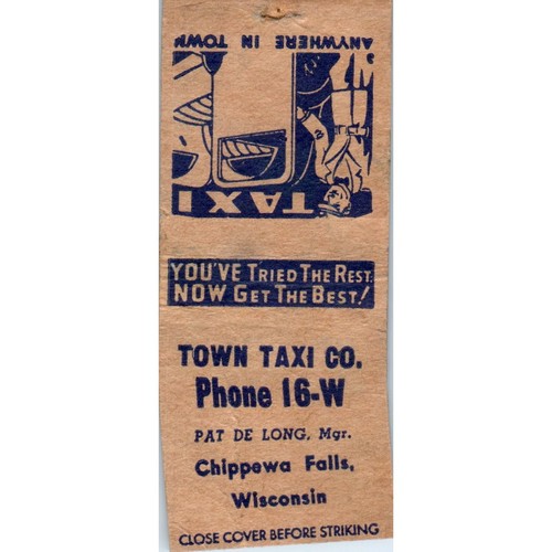 Town Taxi Co Pat Delong Chippewa Falls WI Vintage Matchbook Cover SD2-Y12