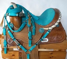 12" Barrel Trail Show Saddle TEAL Seat Option o/f Nylon Headstall BP PONY Size