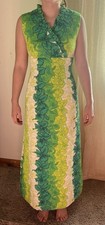 VTG 60s 70s Green Yellow Floral Sleeveless Maxi Dress Ruffle Retro Zip Luau Mod