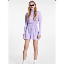 long sleeve mini dress women's Size S stretchy crew neck Bershka lilac ruched